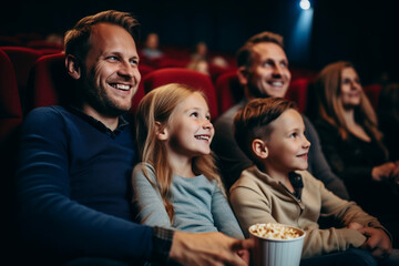 An American-looking family enjoys sitting in a movie theater. AI generated. - obrazy, fototapety, plakaty
