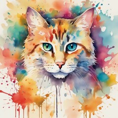 A watercolor painting of a cat's head with watercolor splashes