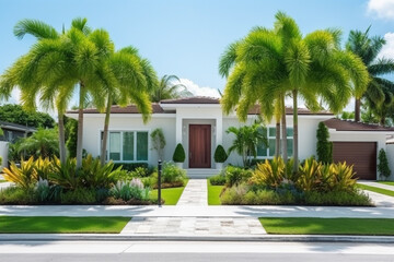 Fototapeta premium Facade of a one-story country house with a palm garden in front of it. AI generated.
