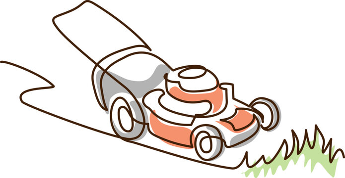 recommend clip art: Hand lawn mower gardening. Continuous one line drawing