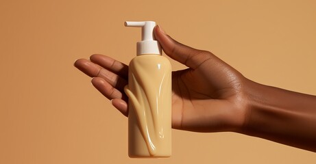 hand with cosmetics bottle on the surface