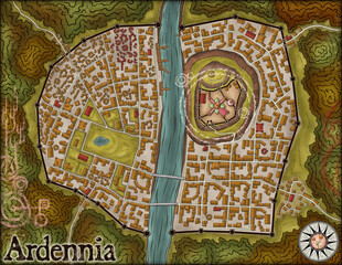 Fantasy illustration of a map for TTRPG, RPG, games, video games, books, or similarly based fantasy publications.