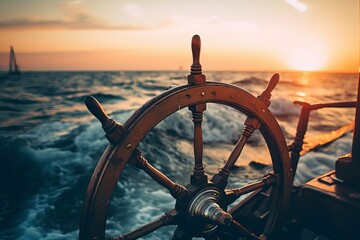 boat wheel with sun shining