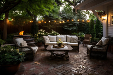Fototapeta premium A cozy courtyard with a patio area, a country house, a villa. Soft sofas and armchairs in the yard.