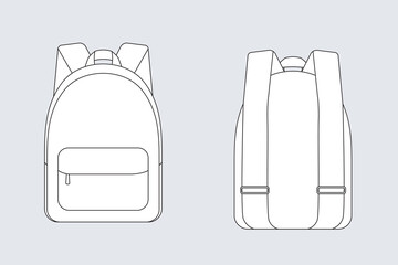 Backpack bag vector template isolated on grey. Apparel models sketch set. Outline for fashion clothes design. Front and back view.