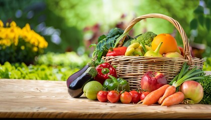 Healthy food basket on a wooden table, world vegetarian day, fresh fruits and vegetables, Generative AI