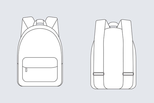 Backpack bag vector template isolated on grey. Apparel models sketch set. Outline for fashion clothes design. Front and back view.