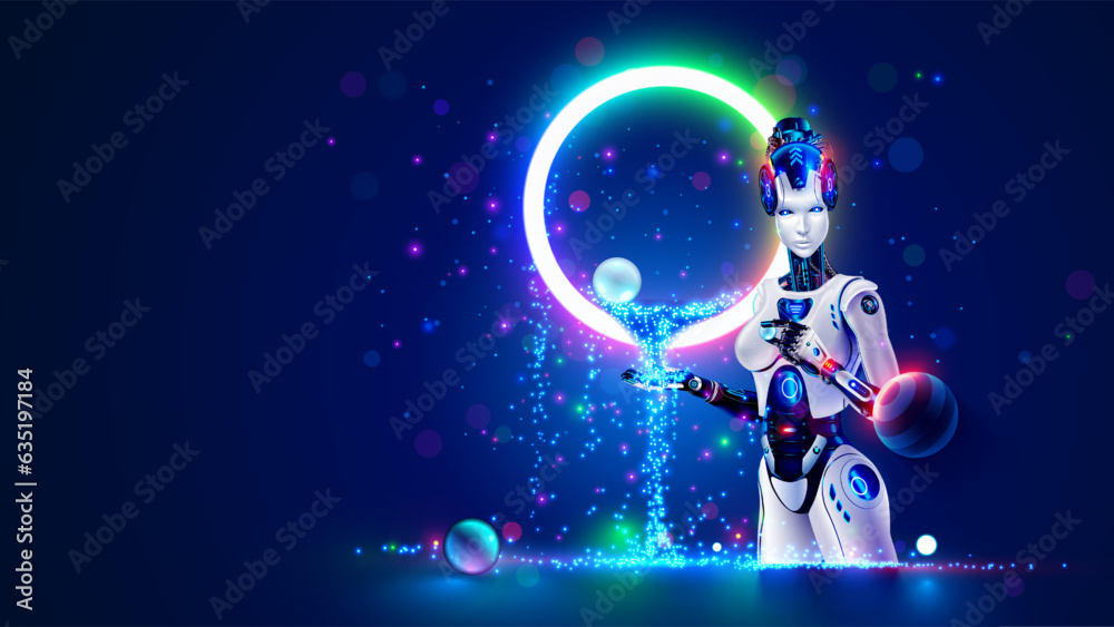 Aufkleber AI robot woman with artificial intelligence analysis flow big data. Cyborg woman contemplative stream of datum in image waterfall of lights particles. Machine learning concept. Neural network training