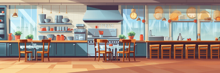 Restaurant kitchen interior, cartoon vector style, abstract illustration.
