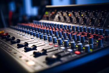 Fototapeta na wymiar DJ studio sound console for mixing tracks and processing sounds.