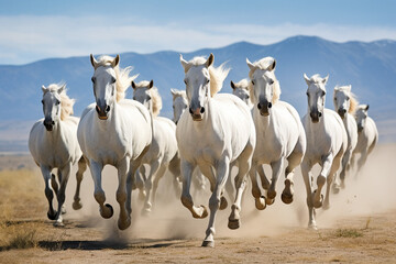 A herd of white horses runs at sunset along the seashore.