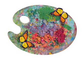 bright monarch butterflies and colorful artist palette isolated on white. palette with paints