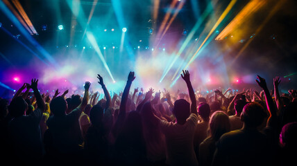 Bright colored stage rays break through the smoke above the raised hands of a crowd of spectators at a rock concert. - obrazy, fototapety, plakaty