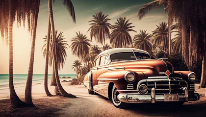 Poster A vintage car in the style of the 1960s stands under palm trees on the seashore. Vintage color toning illustration. AI generative. © serperm73