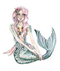 Watercolor mermaid. Watercolor hand drawn illustration. Perfect for children artworks, wallpapers, posters, greeting cards, prints .