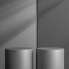 Elegant black cylinder stand for product placement mockup. Darkmetal podium exhibition scene background. Minimal platform showroom with shadow.