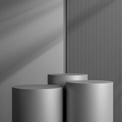 Elegant black cylinder stand for product placement mockup. Darkmetal podium exhibition scene background. Minimal platform showroom with shadow.