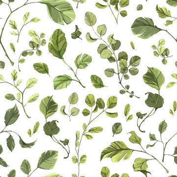 Square seamless pattern with various detailed green leaves on a white background. High quality floral wallpapers