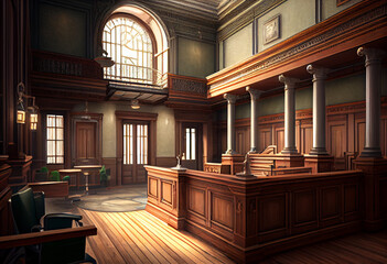 Realistic image of the interior of the courthouse. Wooden courtroom. AI generated. - obrazy, fototapety, plakaty