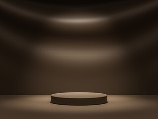 Minimalism style podium in brown color in chocolate pastel color tone with spot light lighting background. Abstract and object concept. 3D illustration rendering