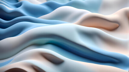 Obraz premium blue and cream liquid silk waves and shapes background, luxurious satin fabric wallpaper, 3D render beauty banner