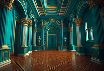 Photorealistic interior of a castle or palace decorated with turquoise malachite ornamental stone...