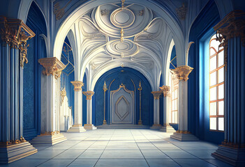 Photorealistic interior of a castle or palace decorated with blue ornamental stone and gold. AI...