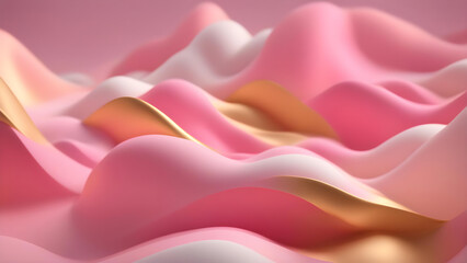 Abstract White and Pink Clay and Gold Fusion - 3D Render Beautiful Metallic Liquid, Radiant Waves, Dynamic Elegance