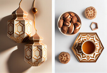 Illustration layout on an Islamic theme. On a white background, nuts, a cup of coffee and an image of an Arabic oriental lantern lamp. AI generated.