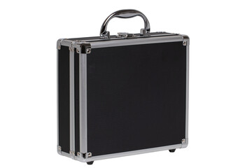 Closeup of a small black silver equipment case or suitcase with a latch isolated on a white background.