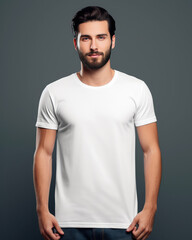 Young man wearing blank white t-shirt. Model t-shirt mockup. Isolated on dark background. Design t-shirt template. Print presentation mockup