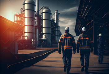 View of a group of workers in the petrochemical industry. Workers in helmets and overalls are among the oil and gas pipelines of the plant. AI generative.