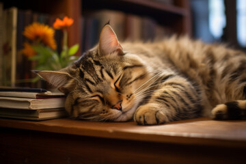 The cat sleeps on books. AI generated.