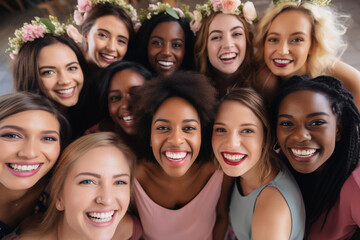 Multiethnic company of young beautiful women - bridesmaids, take a selfie at a wedding or engagement.