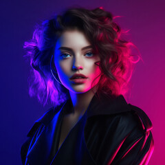 Trendy young woman in neon fluorescent UV magenta blue light. Fashion banner