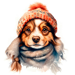 Cute watercolor painting of a puppy in winter. Ai technology