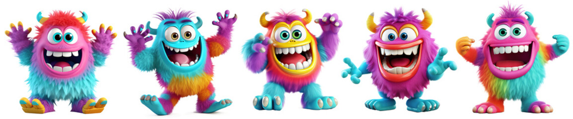 collection of Colorful furry and cute monster dancing and waving 3D render character cartoon style Isolated on transparent background - obrazy, fototapety, plakaty