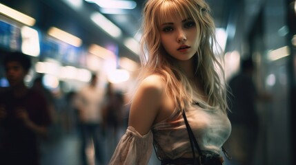 Stunning blonde model standing in city subway, fast paced lifestyle, creative long exposure light streaks and motion blur bokeh background, wearing edgy grunge street fashion - generative AI