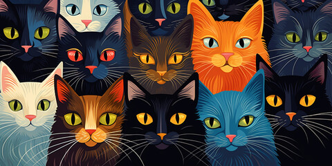 Many cats are sitting in a row. AI generated.