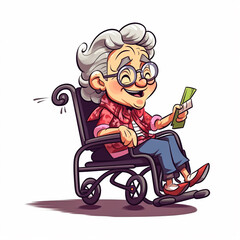Elderly woman in wheelchair in cartoon style