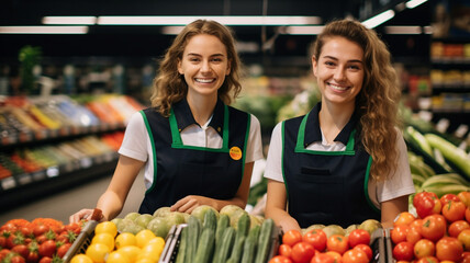 Two young women supermarket employees help customers.