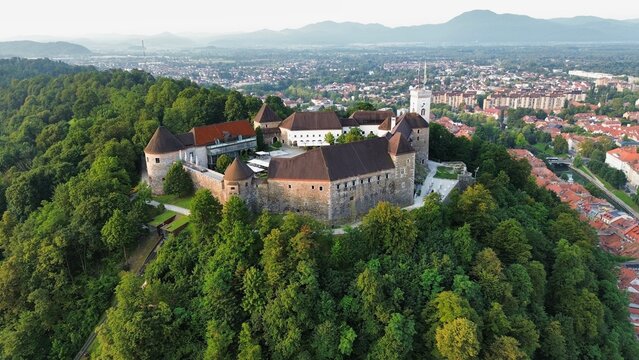 drone photo Ljubljana castle, Ljubljanski grad Ljubljana Slovenia europe