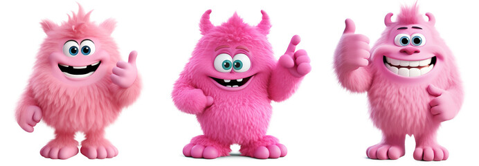 collection of Pink colorful furry and cute monster dancing and waving 3D render character cartoon style Isolated on transparent background - obrazy, fototapety, plakaty
