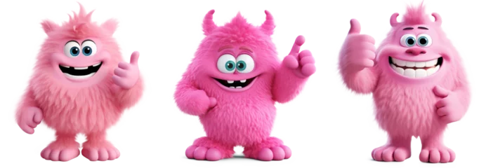 Fotobehang collection of Pink colorful furry and cute monster dancing and waving 3D render character cartoon style Isolated on transparent background © Mrs__DoubleF