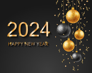 2024 Happy New Year golden text on black background, Christmas balls. Winter background Christmas balls.