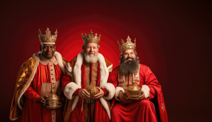 Christmas tradition. The Three Wise Men smiling with robes and crowns holding presents over red background with copy space