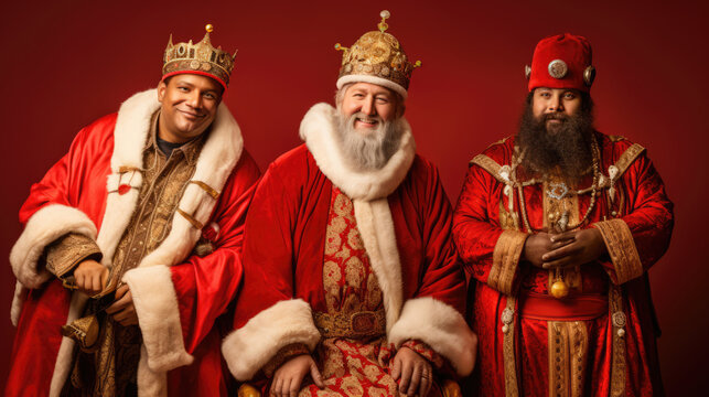 Christmas holiday. The Three Wise Men smiling with robes and crowns over red background