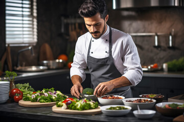 Fototapeta na wymiar Male chef preparing vegetable vegetarian dish at a professional kitchen.