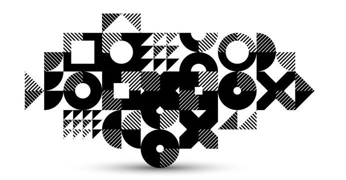 Abstract geometric black and white vector background, modular tiling stripy art with circles and other shapes, monochrome retro style artistic motif isolated.