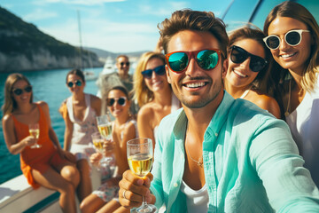 Group of friends relaxing on luxury yacht and drinking champagne at exclusive boat party.